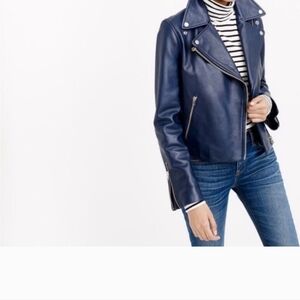 J. Crew Collection Leather Moto Jacket Navy, Size 4